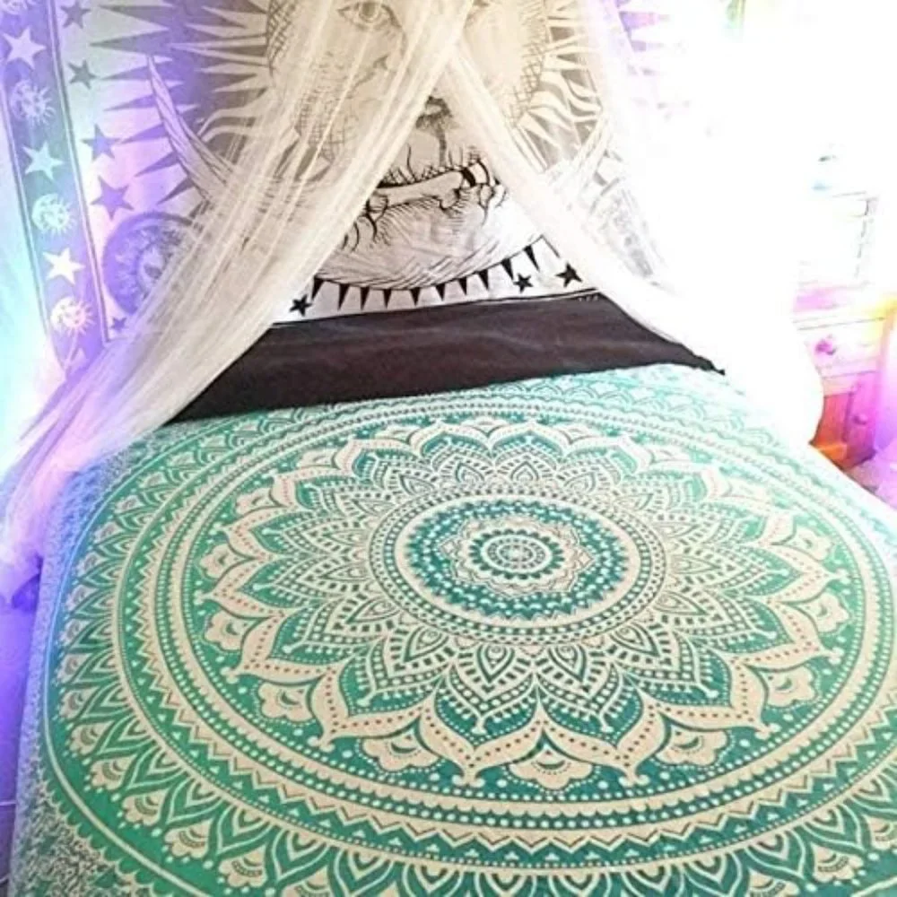 Queen Size Tapestry & Two Bed Pillow Covers SET Green Teal Blue NEW